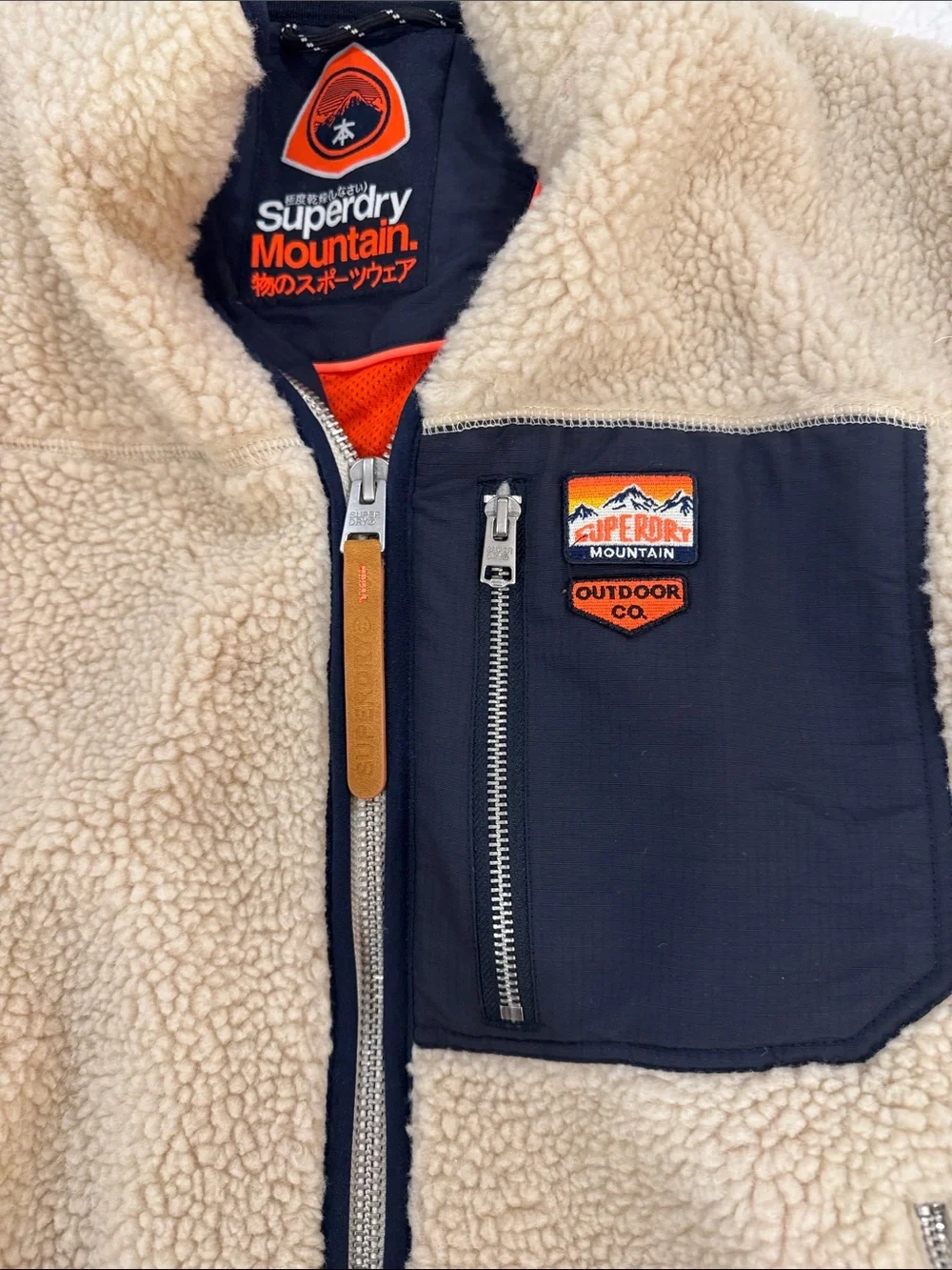 Superdry Cream Sherpa Fleece Jacket with Black Chest Pocket